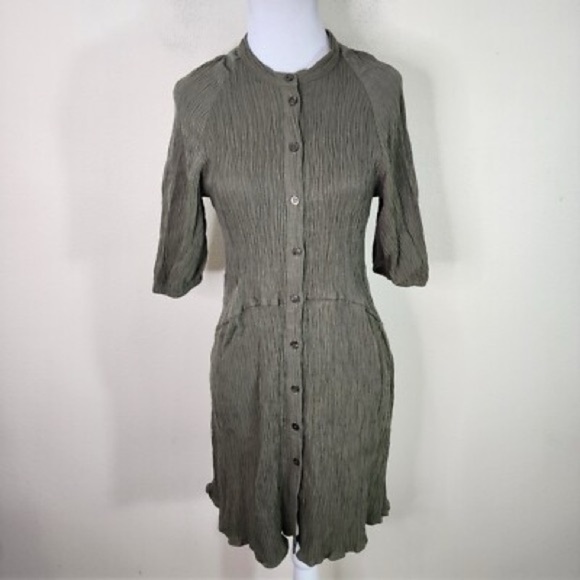 TOPSHOP Women's Dark Green Button Down Crinkle Lyocell Blend Dress Size 2 - Picture 1 of 4
